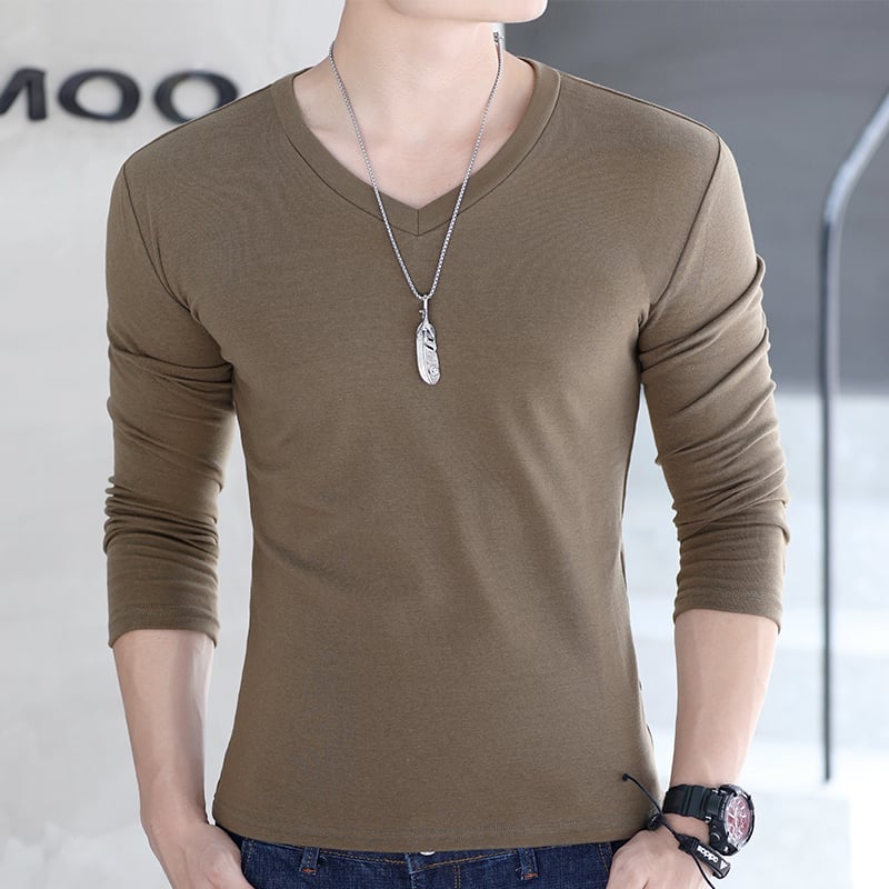 Мъжка тениска с дълги ръкави, Slim fit, без яка, полиестерова смес, едноцветен дизайн