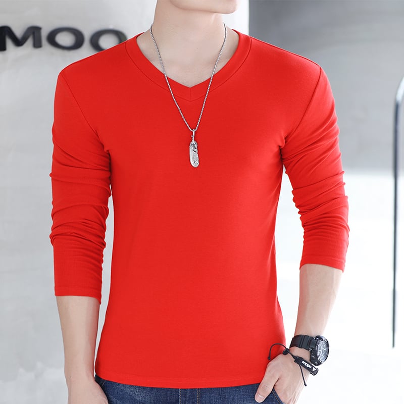 Мъжка тениска с дълги ръкави, Slim fit, без яка, полиестерова смес, едноцветен дизайн