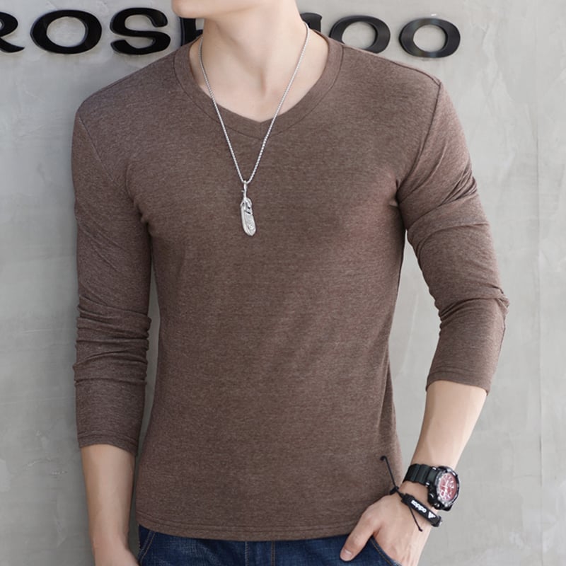 Мъжка тениска с дълги ръкави, Slim fit, без яка, полиестерова смес, едноцветен дизайн