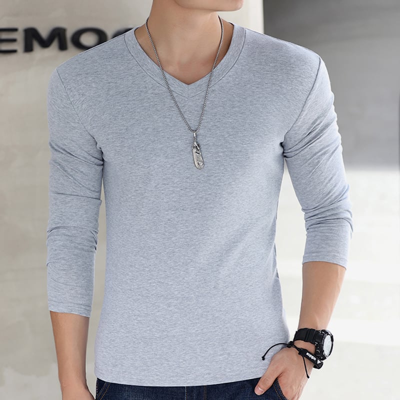 Мъжка тениска с дълги ръкави, Slim fit, без яка, полиестерова смес, едноцветен дизайн