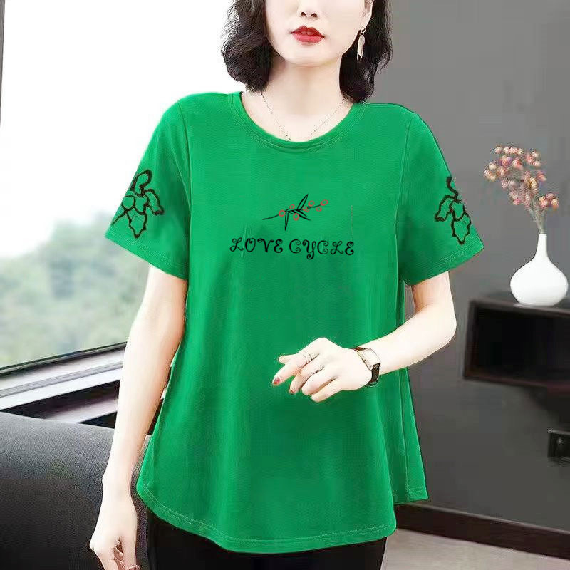 Дамска памучна тениска с къс ръкав, свободна кройка, кръгло деколте, текстов принт