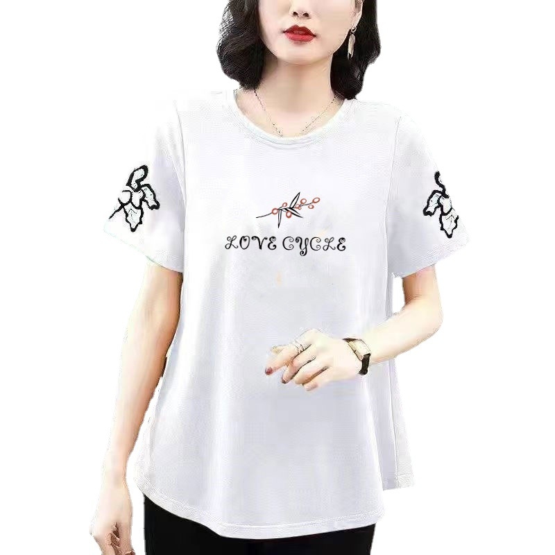 Дамска памучна тениска с къс ръкав, свободна кройка, кръгло деколте, текстов принт