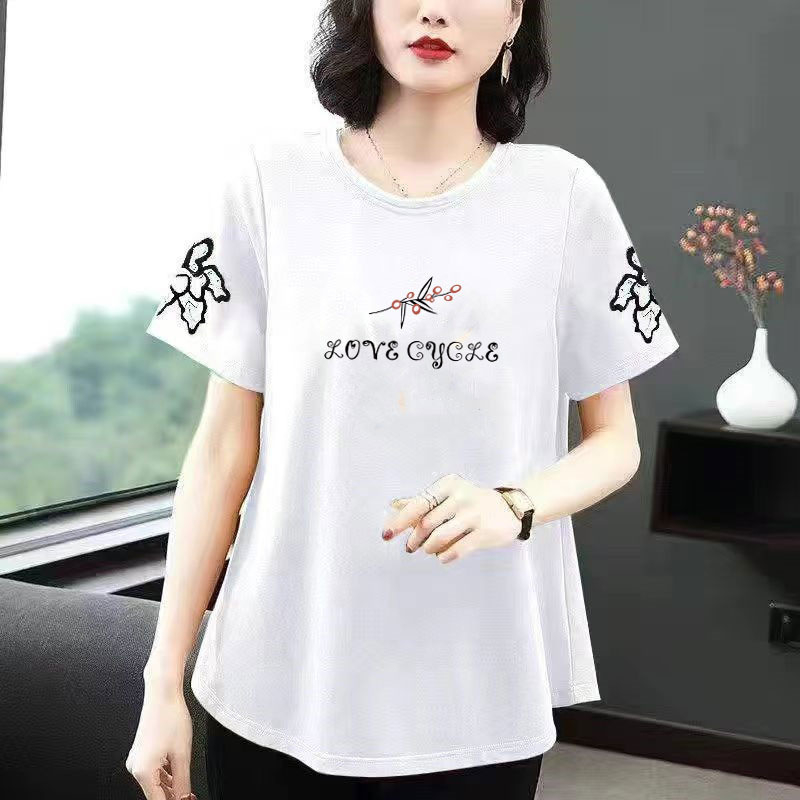 Дамска памучна тениска с къс ръкав, свободна кройка, кръгло деколте, текстов принт