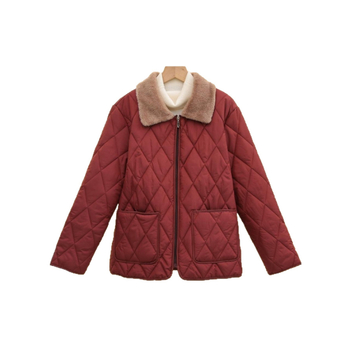 Памучно палто с яка от зайчи пух, геометричен модел, преден цип, средна дължина 50–65 см