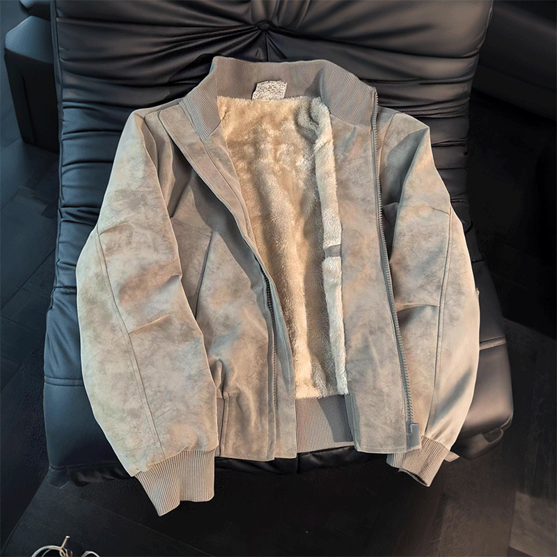 Američkog stila tie-dye PU kožna jakna s flisom, muška zimska kratka jakna sa stojećim ovratnikom, biker stil