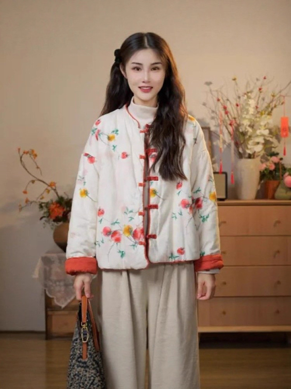 Geacă de damă reversibilă, stil retro chinezesc, cu guler înalt și imprimeu floral, căptușeală groasă; țesătură: poliester; umplutură: bumbac; lungime: mijlocie