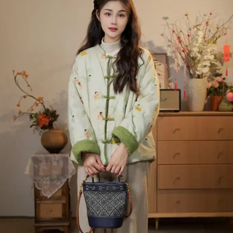 Geacă de damă reversibilă, stil retro chinezesc, cu guler înalt și imprimeu floral, căptușeală groasă; țesătură: poliester; umplutură: bumbac; lungime: mijlocie