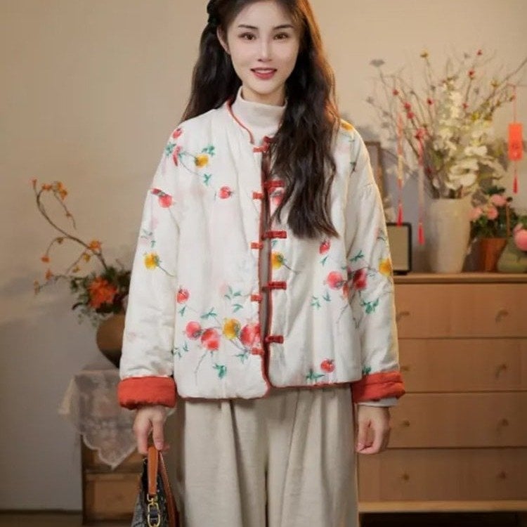 Geacă de damă reversibilă, stil retro chinezesc, cu guler înalt și imprimeu floral, căptușeală groasă; țesătură: poliester; umplutură: bumbac; lungime: mijlocie