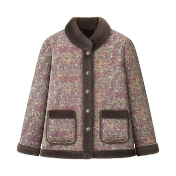 Geacă de iarnă cu guler înalt, croială lejeră, lungime medie, imprimeu cu plante și flori, stil retro literar