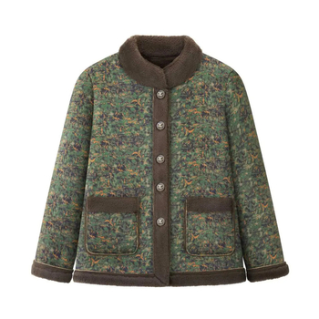 Geacă de iarnă cu guler înalt, croială lejeră, lungime medie, imprimeu cu plante și flori, stil retro literar