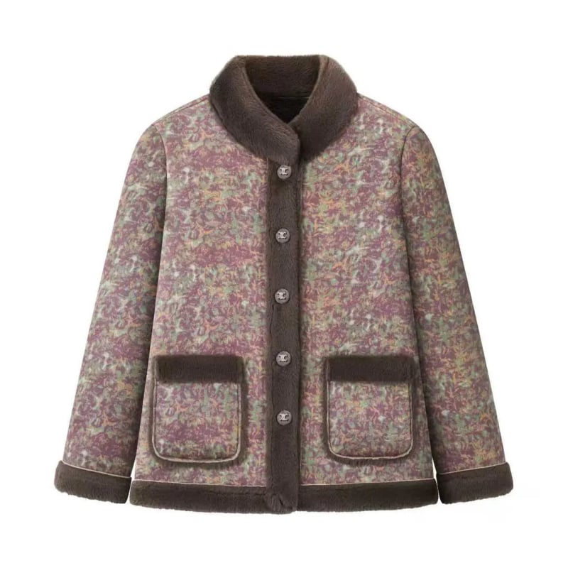 Geacă de iarnă cu guler înalt, croială lejeră, lungime medie, imprimeu cu plante și flori, stil retro literar