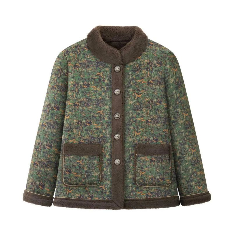 Geacă de iarnă cu guler înalt, croială lejeră, lungime medie, imprimeu cu plante și flori, stil retro literar