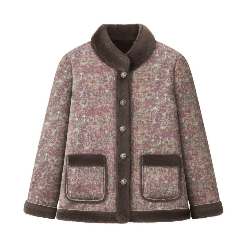 Geacă de iarnă cu guler înalt, croială lejeră, lungime medie, imprimeu cu plante și flori, stil retro literar