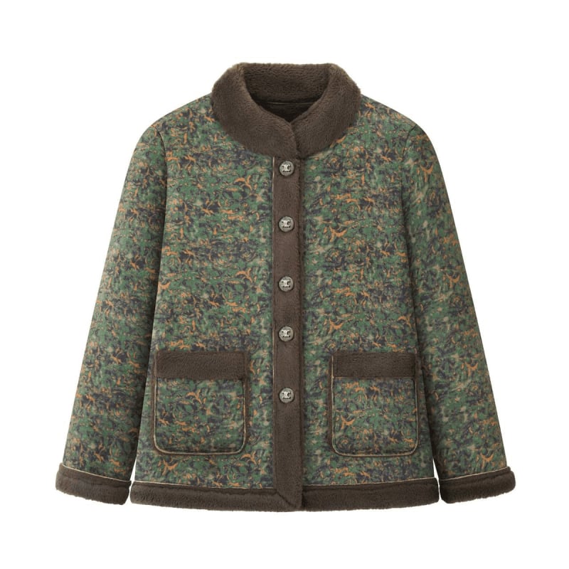 Geacă de iarnă cu guler înalt, croială lejeră, lungime medie, imprimeu cu plante și flori, stil retro literar