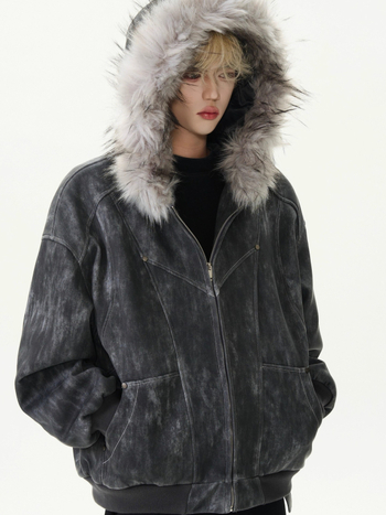 Geacă bărbătească cu glugă, captușită, cu guler din blană, umplutură poliester