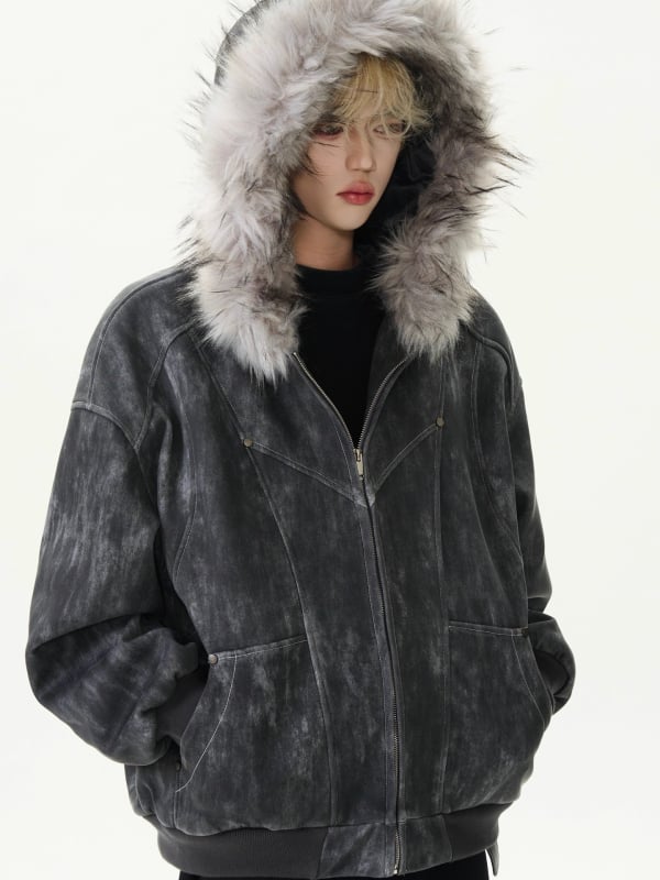 Geacă bărbătească cu glugă, captușită, cu guler din blană, umplutură poliester