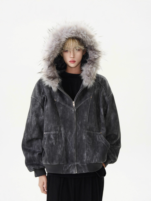 Geacă bărbătească cu glugă, captușită, cu guler din blană, umplutură poliester