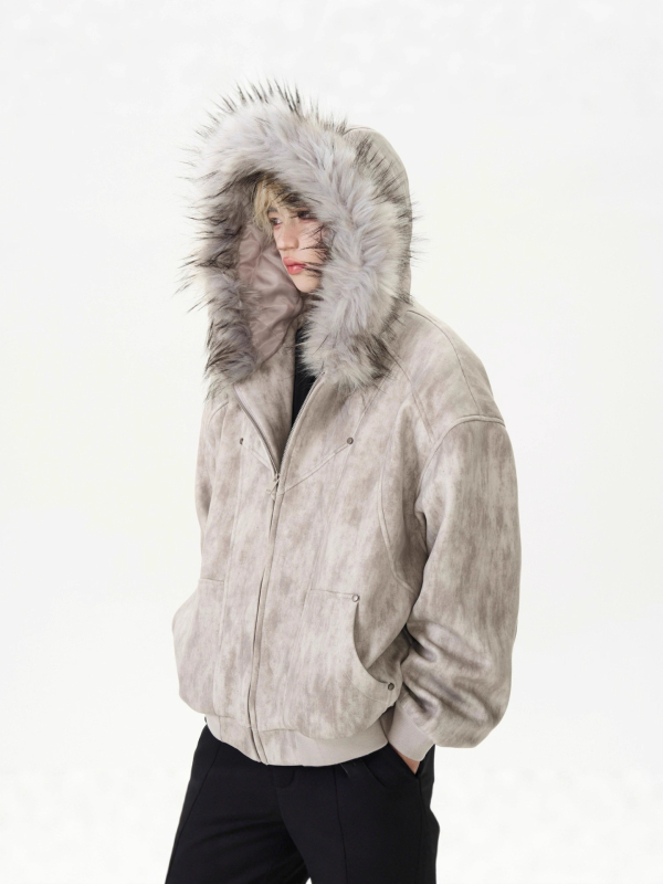 Geacă bărbătească cu glugă, captușită, cu guler din blană, umplutură poliester