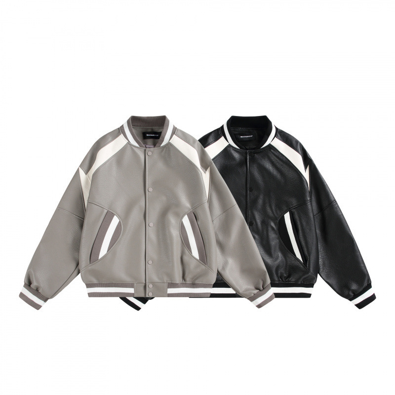 PU kožna baseball jakna s kontrastnim detaljima, slim fit, bez kapuljače, debeli materijal, za muškarce