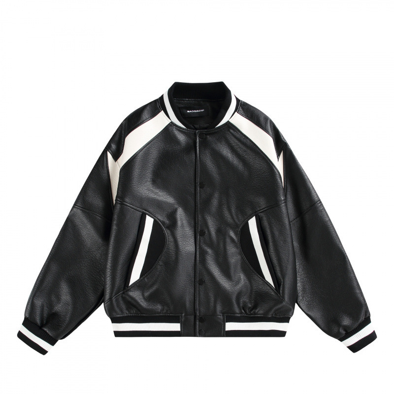 PU kožna baseball jakna s kontrastnim detaljima, slim fit, bez kapuljače, debeli materijal, za muškarce