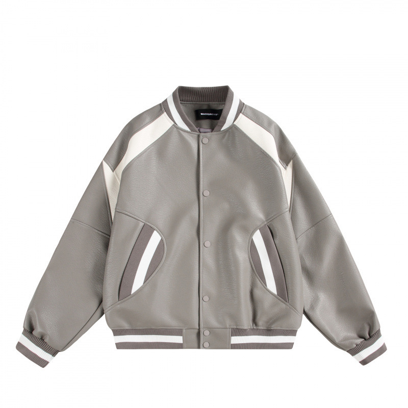 PU kožna baseball jakna s kontrastnim detaljima, slim fit, bez kapuljače, debeli materijal, za muškarce