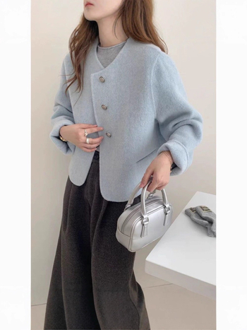 Palton din lână pentru femei, în stil Chanel, lungime medie, guler rotund, închidere cu trei nasturi în față