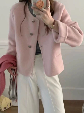 Palton din lână pentru femei, în stil Chanel, lungime medie, guler rotund, închidere cu trei nasturi în față