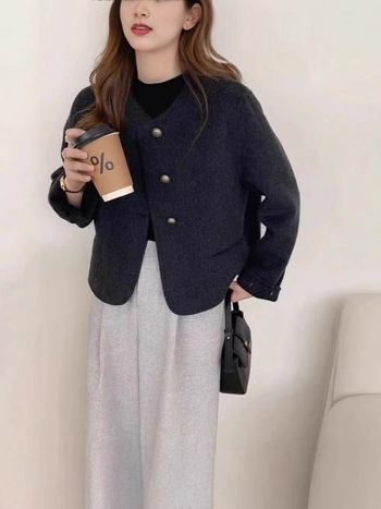 Palton din lână pentru femei, în stil Chanel, lungime medie, guler rotund, închidere cu trei nasturi în față