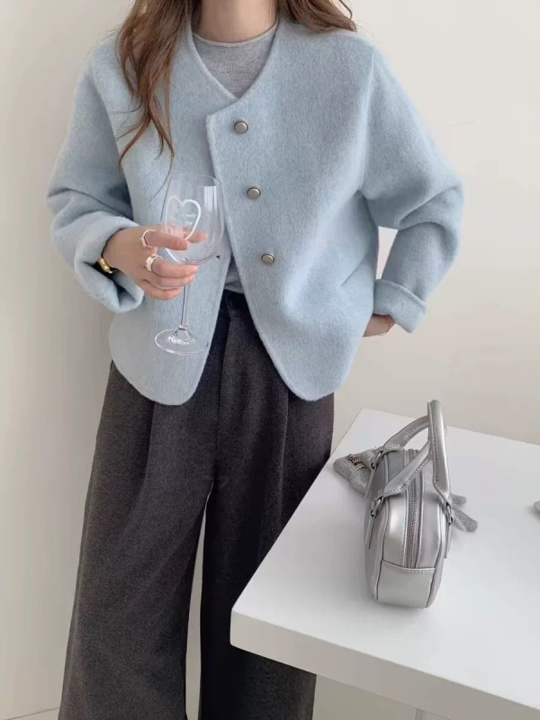 Palton din lână pentru femei, în stil Chanel, lungime medie, guler rotund, închidere cu trei nasturi în față
