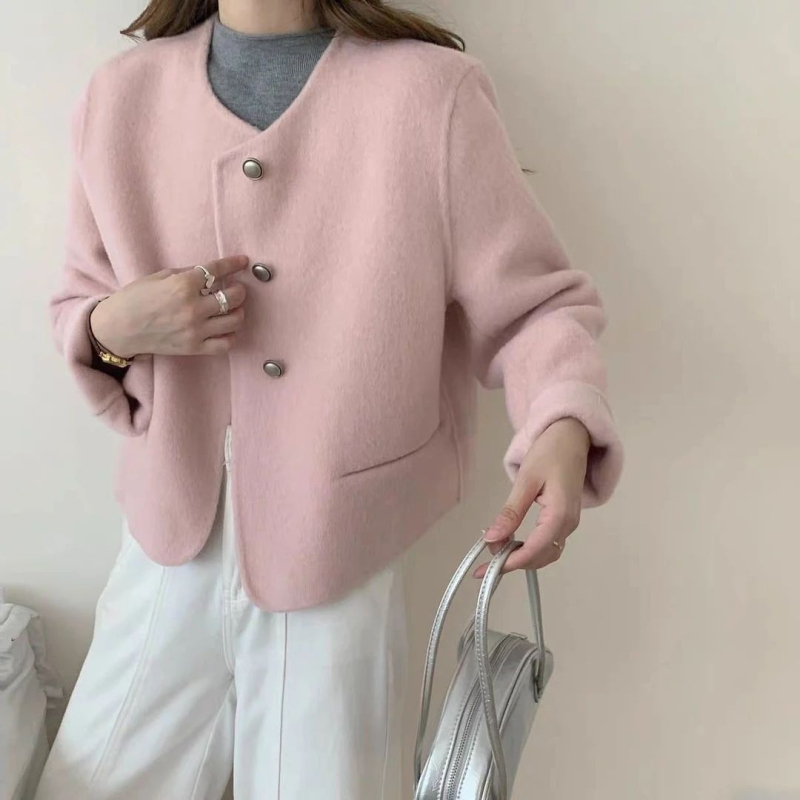 Palton din lână pentru femei, în stil Chanel, lungime medie, guler rotund, închidere cu trei nasturi în față