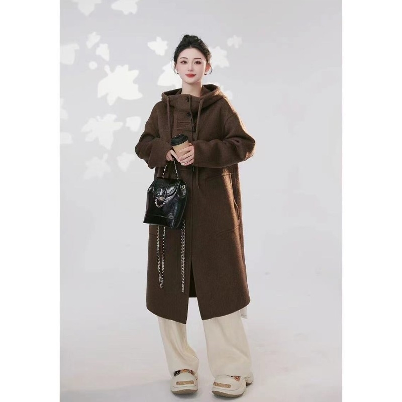 Palton din lână cu glugă, nasturi duffle, 95% lână, lungime medie