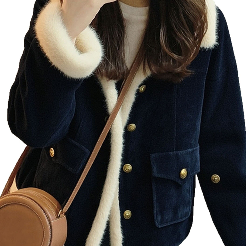 2025 novi stil ženska jakna od poliestera s fleece podstavom, tamnoplava, casual japansko-korejski stil, jesen-zima 2025