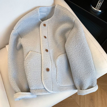 Chenille anyagból készült női kabát bolyhos hatással, laza szabású, rövid hosszúságú, 3/4-es ujjú, kerek nyakú, japán-koreai casual stílus, 2025 tavaszi kiadás, spandex tartalom <30%