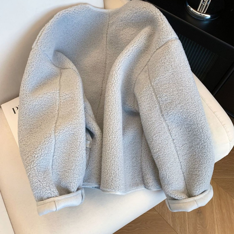 Chenille anyagból készült női kabát bolyhos hatással, laza szabású, rövid hosszúságú, 3/4-es ujjú, kerek nyakú, japán-koreai casual stílus, 2025 tavaszi kiadás, spandex tartalom <30%