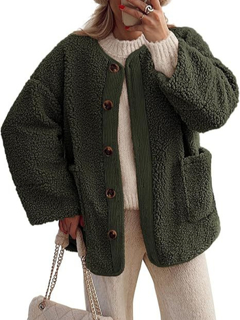 Jachetă de damă corduroy fără guler, mâneci lungi, închidere cu nasturi, 95% poliester (Primăvara 2025)