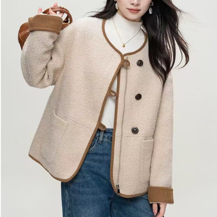 Jachetă scurtă din catifea de miel, poliester 95%+, Iarnă 2025, Top în stil chinezesc