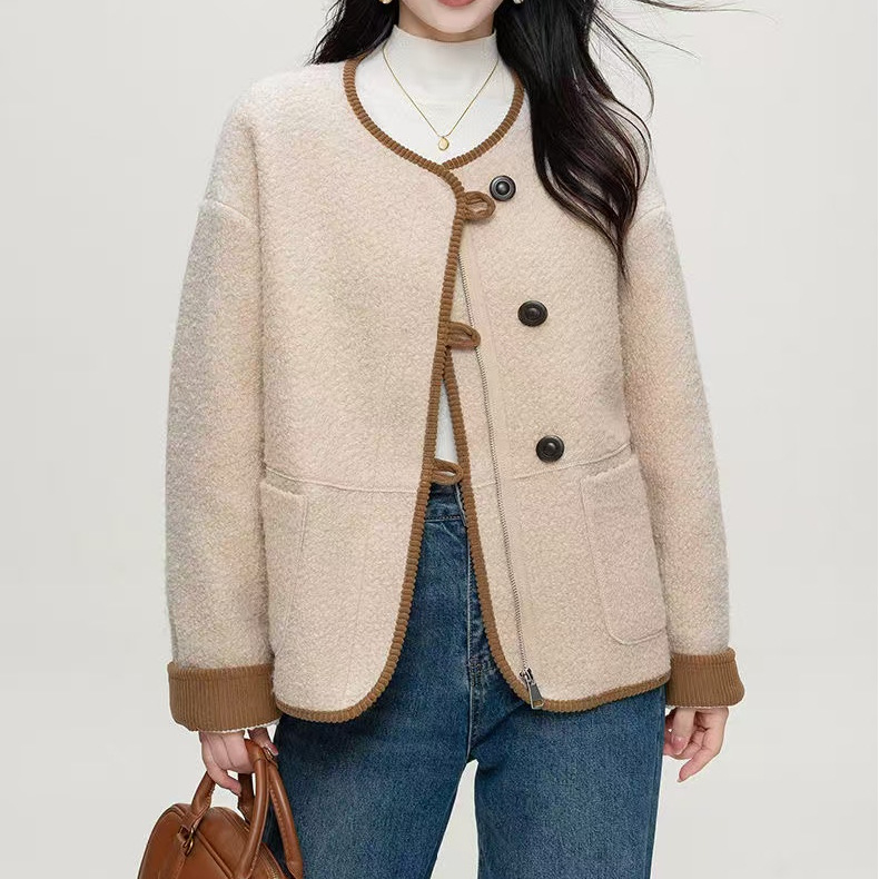 Jachetă scurtă din catifea de miel, poliester 95%+, Iarnă 2025, Top în stil chinezesc