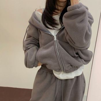 Korejski modni set: plišasti kratki hoodie s kapuljom i hlače visokog struka, dvodijelni set, zima 2025, 100% poliester.