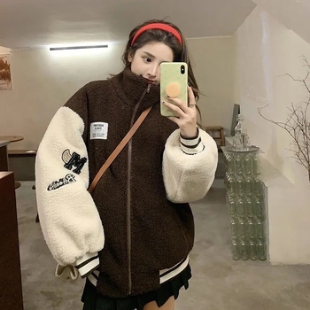 Női báránybőr velúr dzseki chenille anyagból, spandex <30%, rövid fazon 40–50 cm, 3/4 ujjú, szőrme gallér, téli 2024