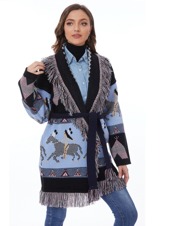 Cardigan pulover s jakardom anime dizajna, debeli kašmir-poliester smjesa, etno retro stil, srednja duljina