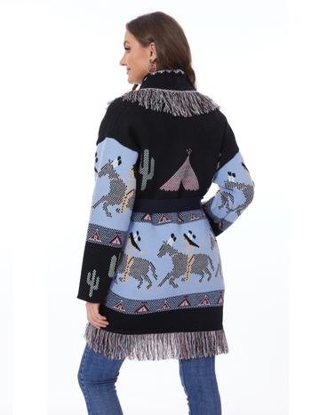 Cardigan pulover s jakardom anime dizajna, debeli kašmir-poliester smjesa, etno retro stil, srednja duljina