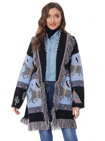 Cardigan pulover s jakardom anime dizajna, debeli kašmir-poliester smjesa, etno retro stil, srednja duljina