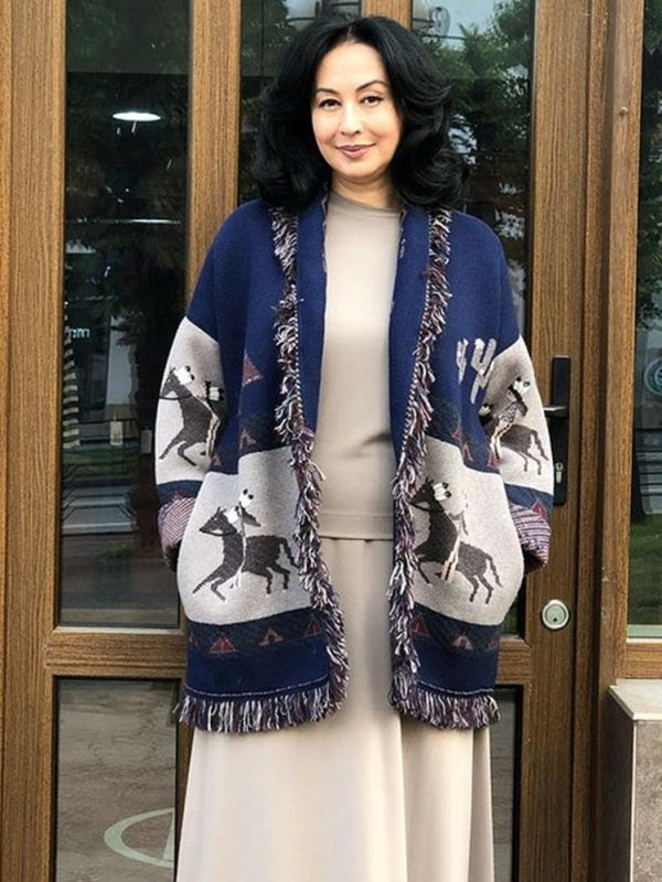 Cardigan pulover s jakardom anime dizajna, debeli kašmir-poliester smjesa, etno retro stil, srednja duljina