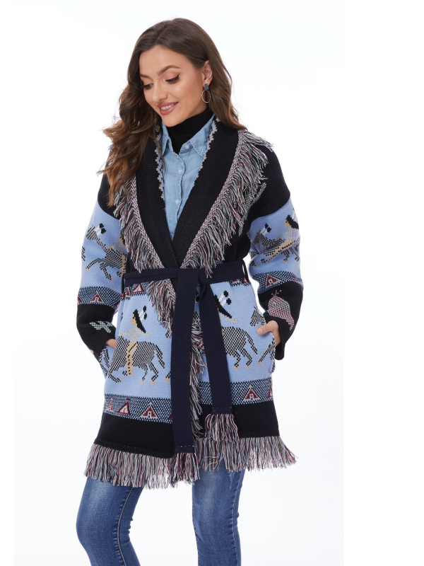 Cardigan pulover s jakardom anime dizajna, debeli kašmir-poliester smjesa, etno retro stil, srednja duljina