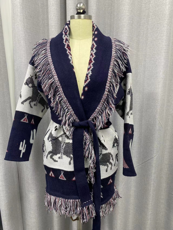 Cardigan pulover s jakardom anime dizajna, debeli kašmir-poliester smjesa, etno retro stil, srednja duljina