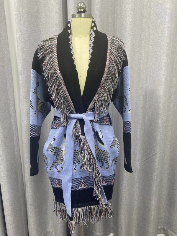 Cardigan pulover s jakardom anime dizajna, debeli kašmir-poliester smjesa, etno retro stil, srednja duljina