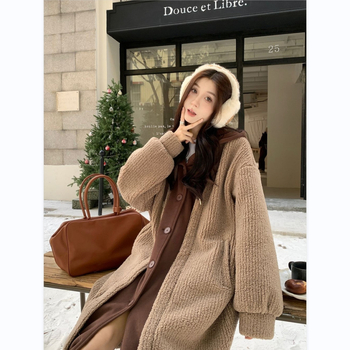 Palton cu glugă, aspect de două piese fals, panouri cusute, căptușeală din fleece, lungime medie, stil coreean (lambswool; poliester 70–80%; poliester <30%; căptușeală fleece)