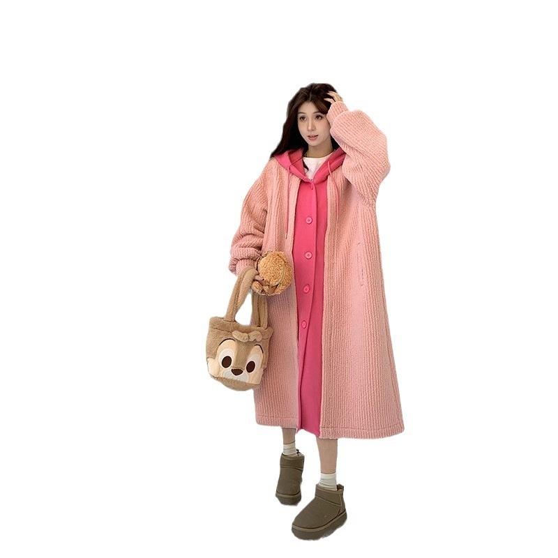 Palton cu glugă, aspect de două piese fals, panouri cusute, căptușeală din fleece, lungime medie, stil coreean (lambswool; poliester 70–80%; poliester <30%; căptușeală fleece)