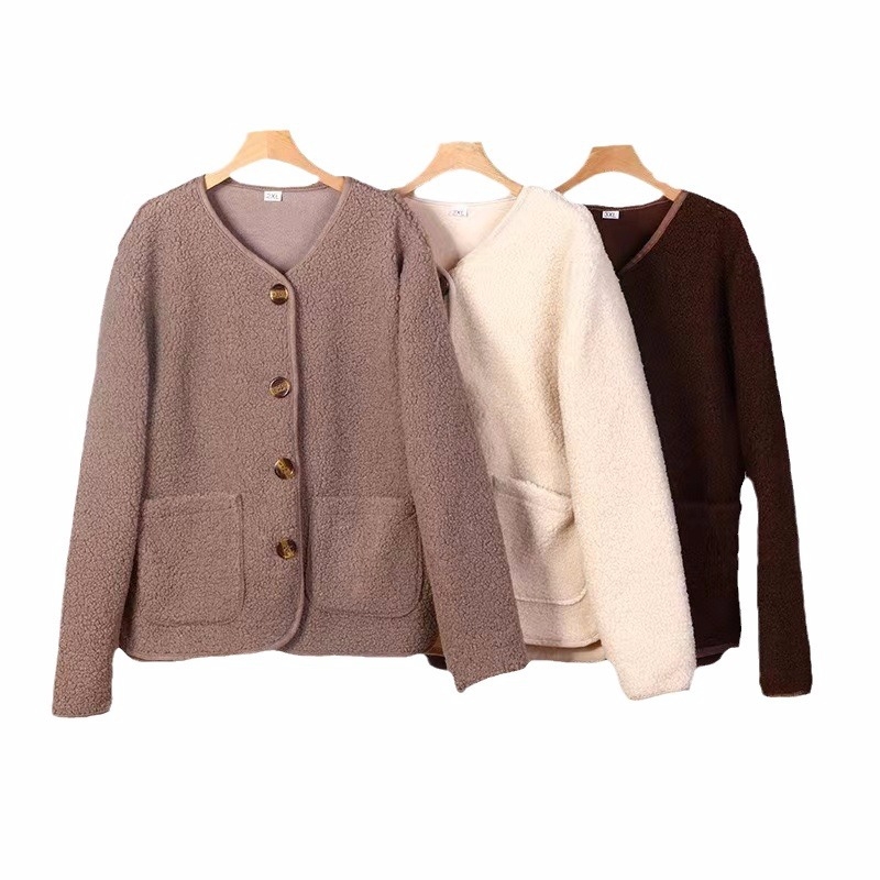 Női báránygyapjú kardigán – koreai stílus, laza szabás, álló gallér, hosszú ujjú, egyrészes gombolás