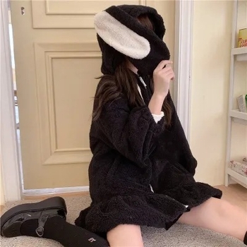 Palton din lână de miel, căptușit cu bumbac, glugă cu urechi de iepuraș, margine cu model lotus, căptușeală groasă de bumbac